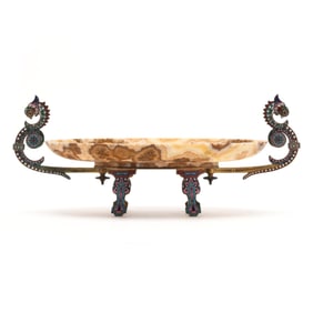 Antique Champlevé Bronze and Agate Centerpiece