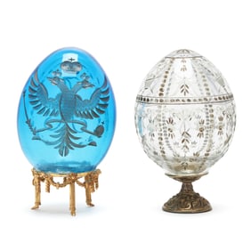 Two Russian Engraved Glass Imperial Style Eggs