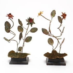 Pair of Antique Tole Flower Garnitures with Preserved Mushroom Base