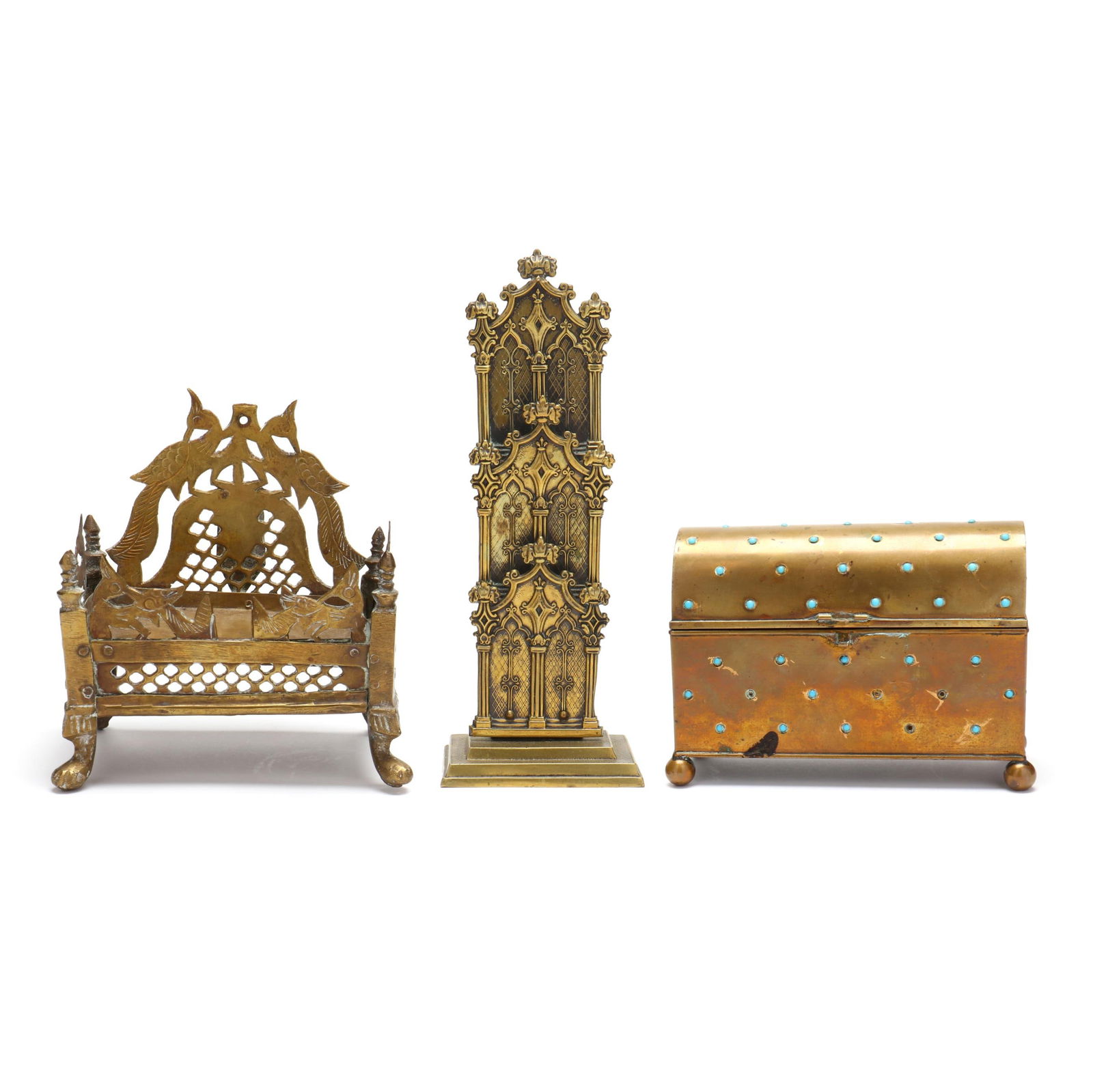 A Group of Three Continental Brass Table Accessories: A Group of Three Continental Brass Table Accessoriesto include a brass perfume casket with turquoise colored glass cabochon mounts to exterior, silk lined interior with three compartments, mounted to