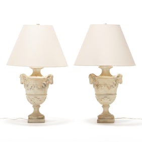 Pair of Neoclassical Style Table Lamps with Rams Head Handles