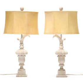 Pair of Italianate Carved Alabaster Ewer Form Table Lamps