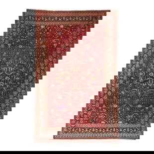Indo-Persian Room-Size Carpet: Indo-Persian Room-Size Carpet wool on cotton foundation; the red field with small central medallion surrounded by snakes and floral and foliate motifs, the main black border with repeating palmette