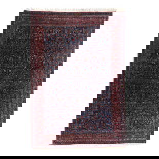 Kashan Room Size Carpet: Kashan Room Size Carpet wool on cotton foundation; the midnight blue field with allover lattice of floral and foliate motifs in dark reds and browns, the main burgundy border with floral motifs,