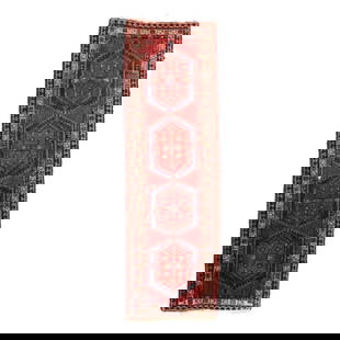 Persian Runner: Persian Runner wool on cotton foundation; the red field with joined large-scale hexagonal medallions filled with geometric motifs, with multiple borders featuring geometric and floral motifs. 3 ft.