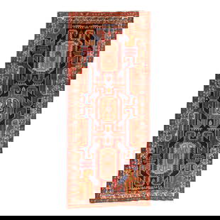 Caucasian Carpet: Caucasian Carpetwool on cotton foundation, Caspian Sea region, the navy blue field with large orange and blue stylized -within- motifs, within three foliate and floral borders. 4 ft. 6 in. x 10 ft. 6