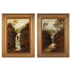 M. Biatkowski (English, 19th Century), Pair of Landscapes with Waterfalls