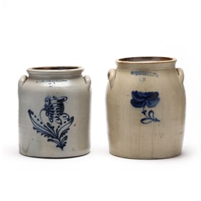 Two New York Cobalt Decorated Stoneware Crocks