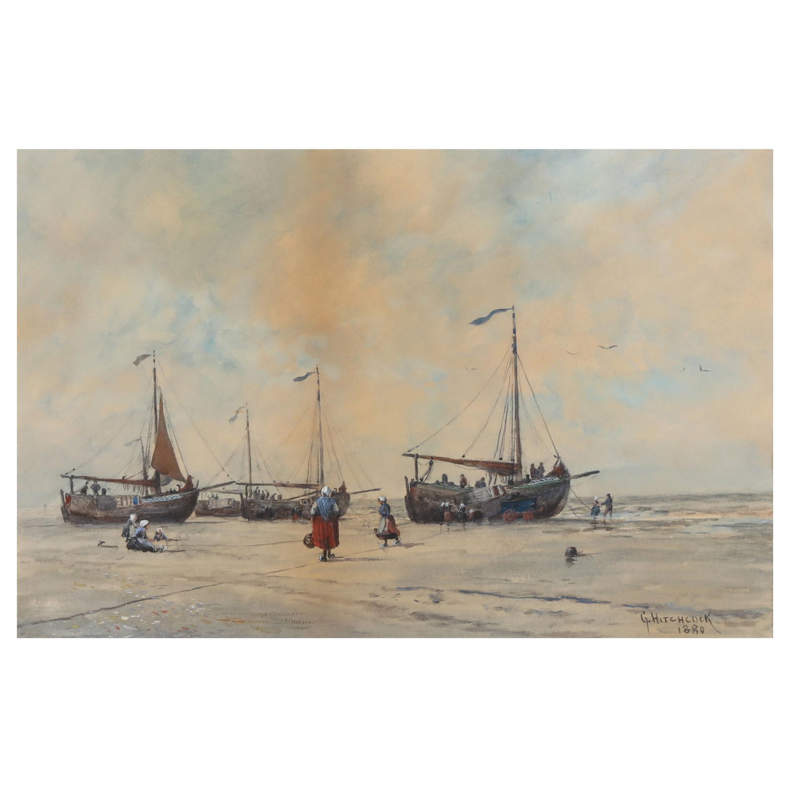 George Hitchcock (American, 1850-1913), Ships Moored at Shore: George Hitchcock (American, 1850-1913), Ships Moored at Shorewatercolor and gouache on paper, 1888, signed and dated at lower right, the paper with a J. Whatman watermark, presented in a giltwood fram