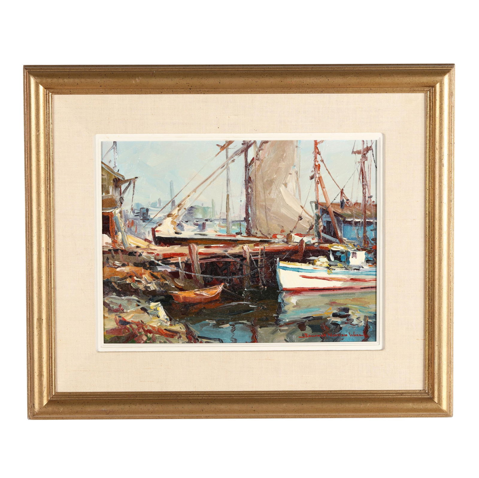 Edward Norton Ward (American, 1928-2022), Drying Sails - Moss Landing: Edward Norton Ward (American, 1928-2022), Drying Sails - Moss Landingoil on canvas, signed at lower right, inscribed to the verso, retaining gallery label, presented in a giltwood frame. Stretcher siz