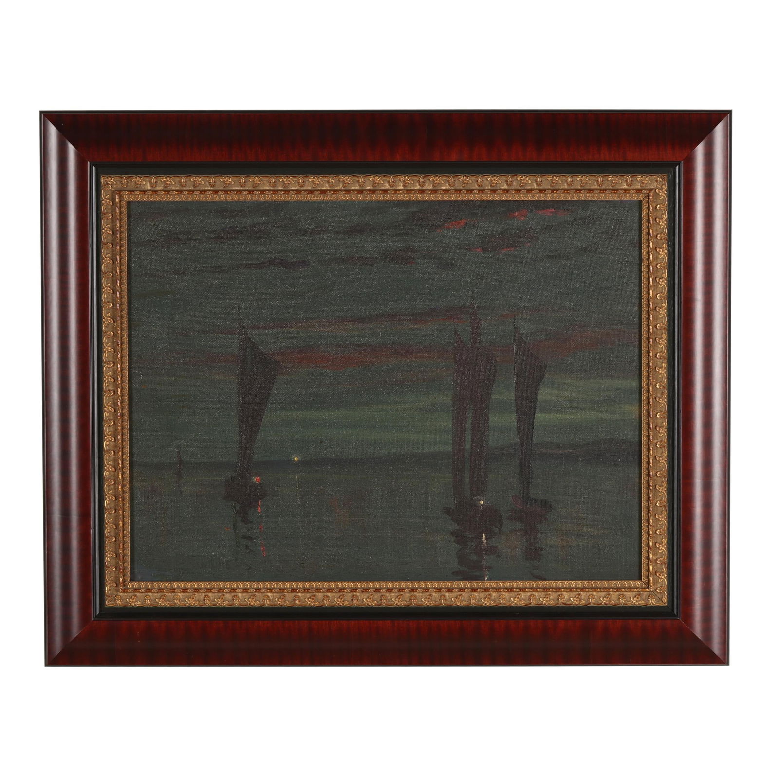 Edward Mack Curtis Hawkins (American, 1877-1947), Drying Sails-Minot Light-Awaiting Morning: Edward Mack Curtis Hawkins (American, 1877-1947), Drying Sails-Minot Light-Awaiting Morningoil on canvas, signed at lower left, inscribed to verso, presented in a parcel gilt frame. Stretcher size 15