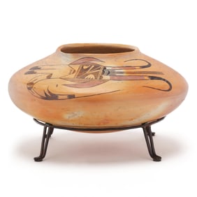 Hopi Seed Pot with Custom Metalwork Stand