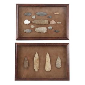 Eighteen Indian Points and Tools in Two Wooden Frames
