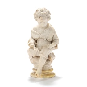 Italian School Carved Alabaster Figure of Seated Child as Charity