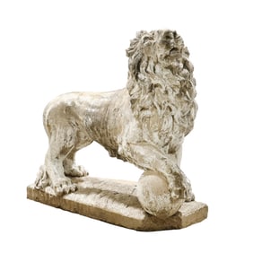Large Antique Cast Stone Guardian Lion Statue