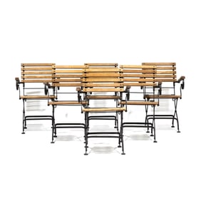Smith & Hawken, Set of Six Teak Wood and Wrought Iron Chairs