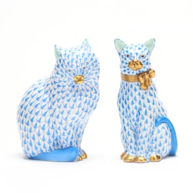 A Pair of Herend Porcelain Blue Fishnet Cats