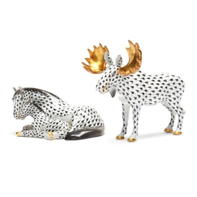 Two Herend Porcelain Black Fishnet Animals