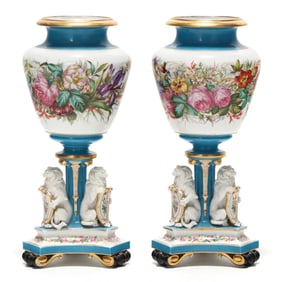 Pair of Large Paris Porcelain Figural Mantel Urns