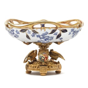 Gilt Porcelain Centerpiece Bowl with an Ormolu Heraldic Pedestal