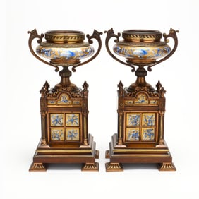 A Pair of Bronze and Porcelain Garniture Mantel Urns