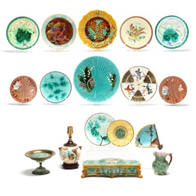 A Group of (17) Majolica Pieces, Including a Lamp