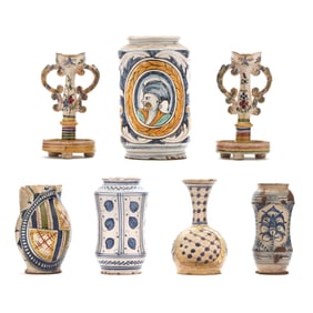 Group of Seven Antique Majolica Pottery Forms