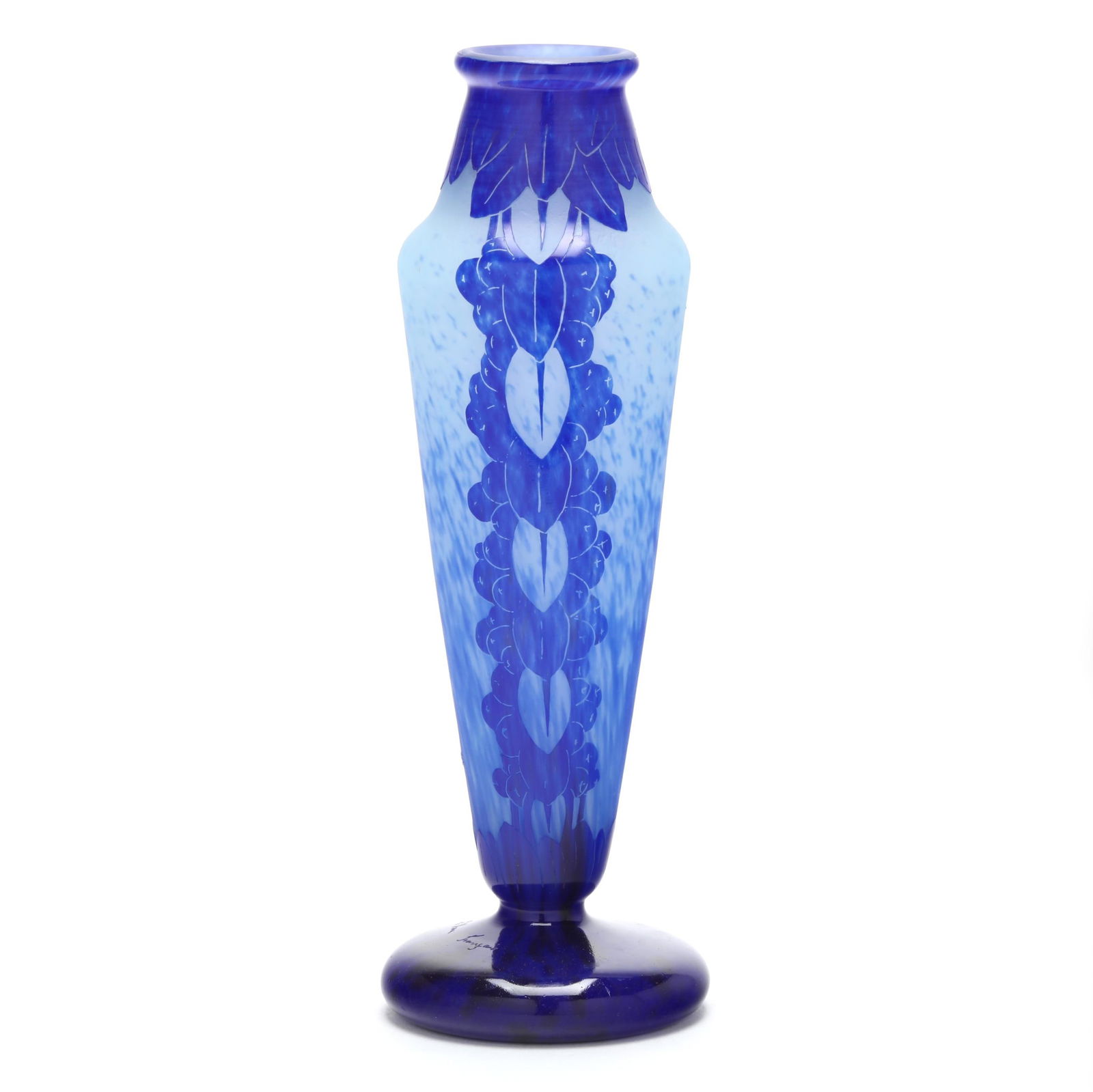 Ernest and Charles Schneider, Art Deco Cameo Glass Vase: Ernest and Charles Schneider, Art Deco Cameo Glass VaseFrench, circa 1930, blue cameo glass with cased mottled ombre design, stylized floral motifs, signed in the cameo "P Charder" and etched "Le Verr