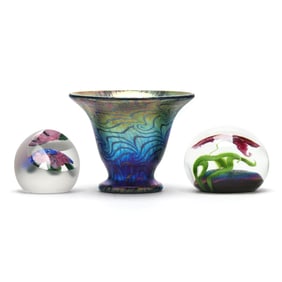 Lundberg Studios, Van Gogh Sunset Series Cabinet Vase and Two Paperweights