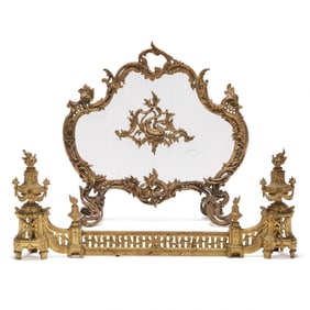 French Rococo Style Brass Fire Screen and Chenets