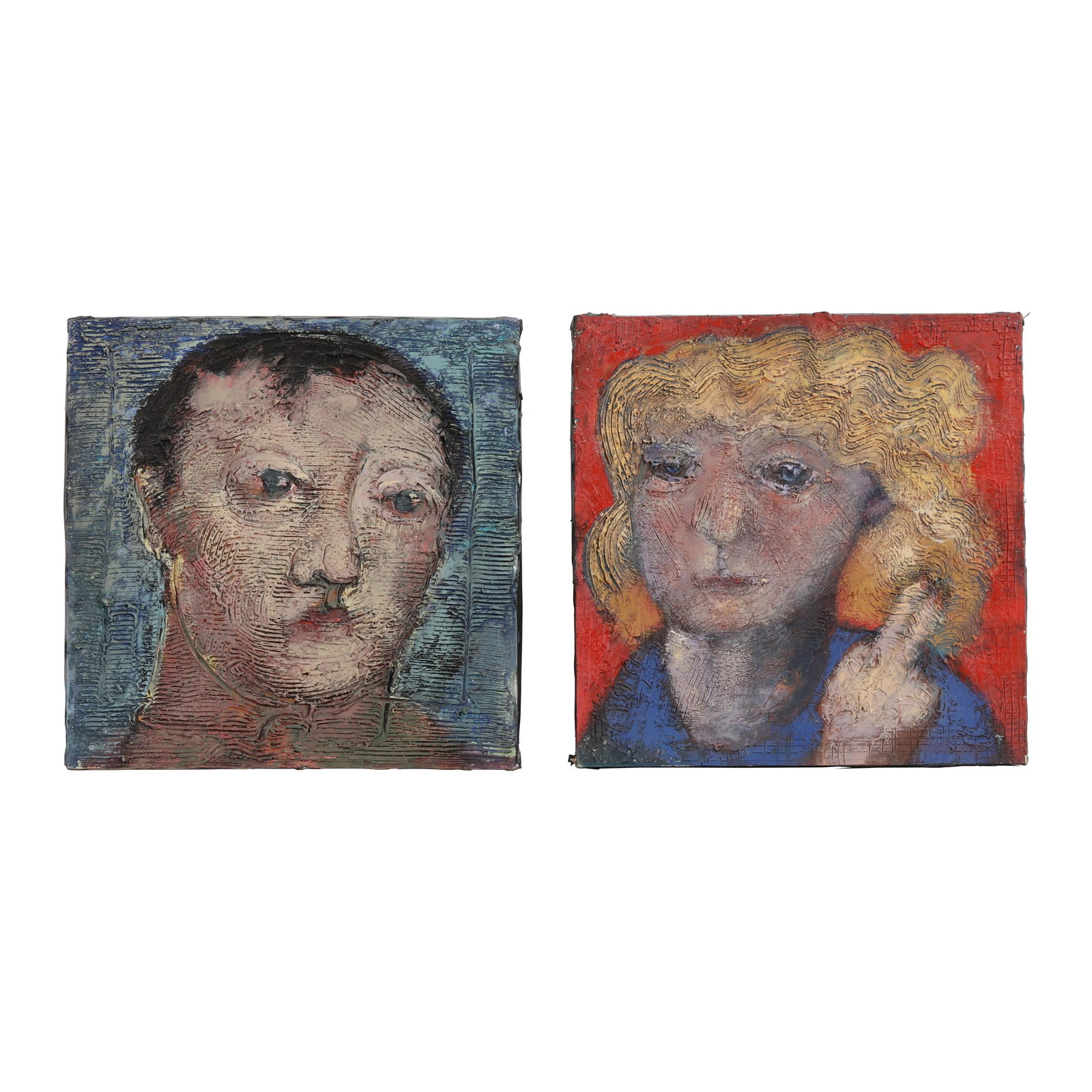 David Fraley (American), Pair of Portraits D.L. & M.B.: David Fraley (American), Pair of Portraits D.L. & M.B. acrylic on gesso textured canvas, 1989, signed, dated, and inscribed to verso, wrapped canvas. Each 18 x 18 in. Additional high-resolution photos