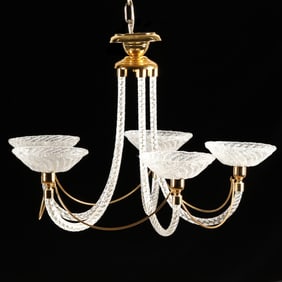 Barovier and Toso Style Brass and Glass Five Light Chandelier