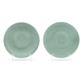 A Matched Pair of Large Asian Celadon Lotus Blossom Chargers