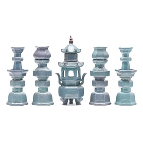 A Five Piece Chinese Porcelain Altar Set