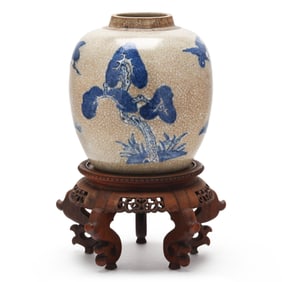 A Chinese Crackle Ware Ginger Jar with Deer and Crane in Blue and White