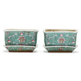 A Pair of Chinese Peranakan Straits Porcelain Jardinieres with Trays