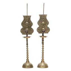 A Pair of Tall Asian Brass Candleholders with Reflectors