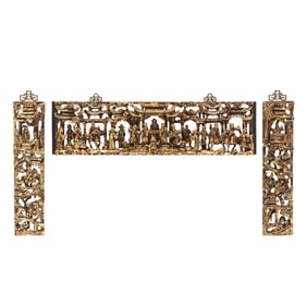 Three Chinese Lacquer and Gilt Architectural Panels