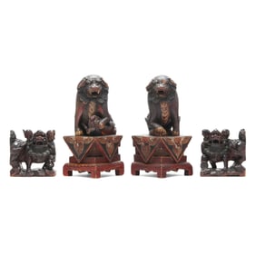Two Pairs of Asian Carved Wood Foo Lions