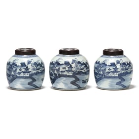 Three Blue and White Lidded Ginger Jars
