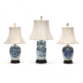 Three Chinese Blue and White Porcelain Table Lamps