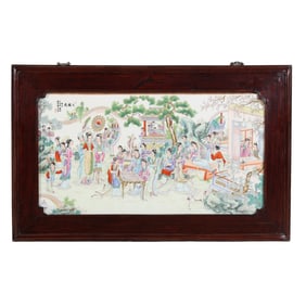 A Large Chinese Famille Rose Porcelain Plaque of a Garden Tour