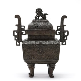 A Chinese Bronze Fangding Censer with Cover