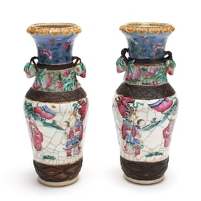 A Pair of Chinese Crackle Vases with Elegant Court Figures