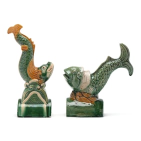 A Matched Pair of Chinese Sancai Glazed Fish Roof Tiles
