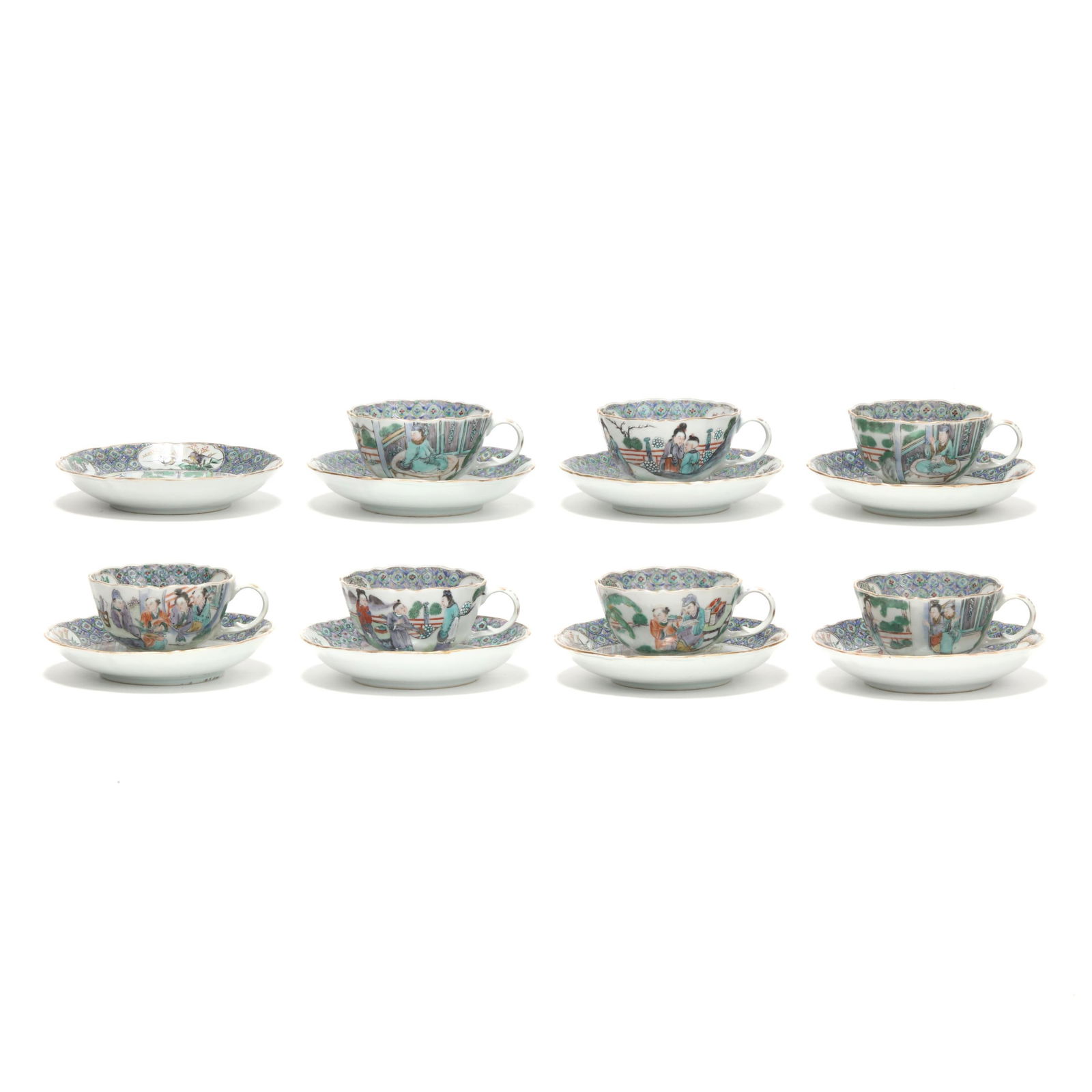 A Chinese Export Famille Verte Figural Porcelain Tea Set: A Chinese Export Famille Verte Figural Porcelain Tea Set Qing dynasty (1644-1912), includes seven (7) porcelain footed tea cups (3 3/4 in.); eight (8) porcelain saucers (5 3/4 in.), each hand painted