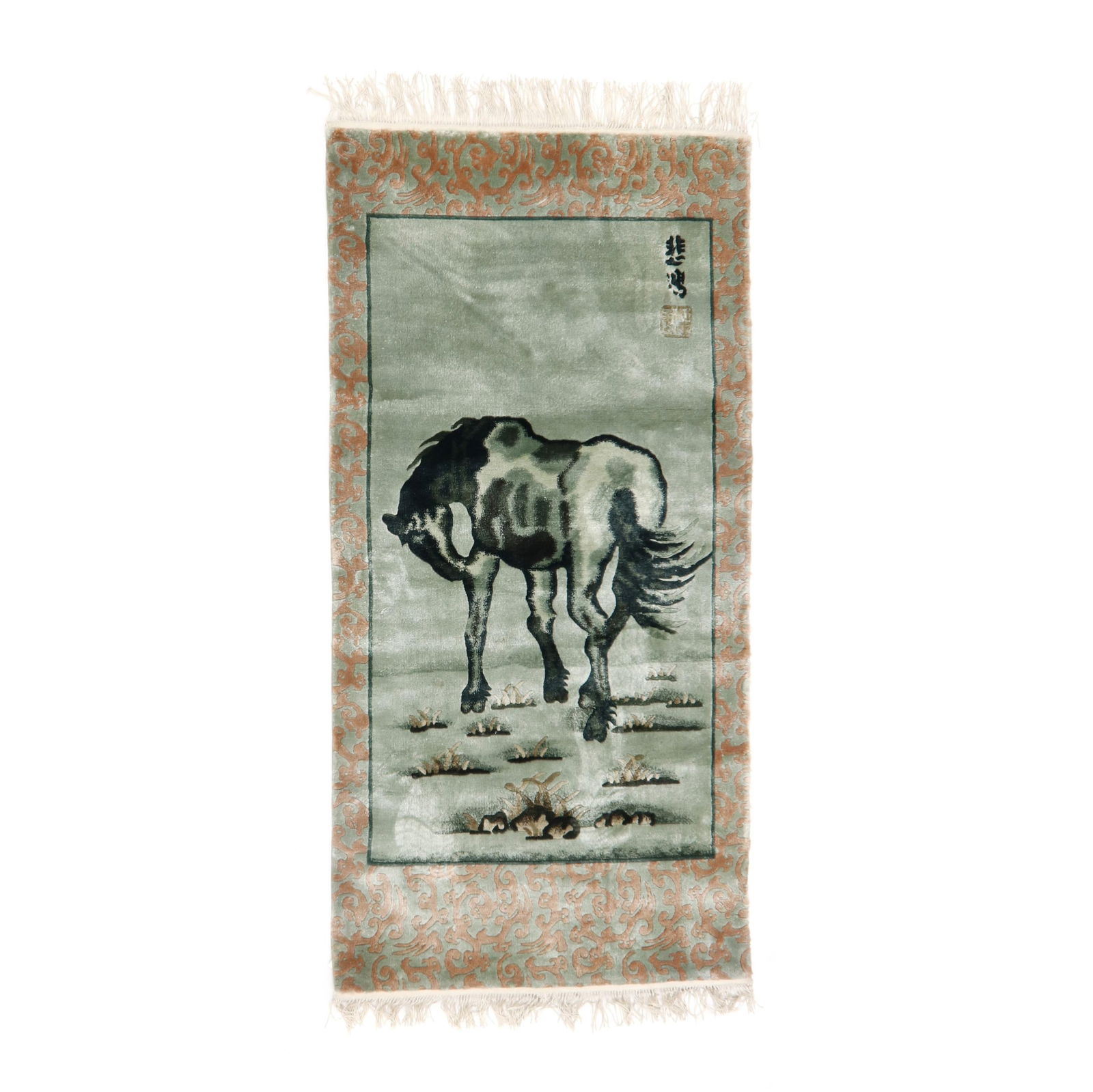 A Chinese Silk Rug with Horse: A Chinese Silk Rug with Horse20th century, silk, the jade green field with black horse, with two Chinese characters together with red artist seal to upper right corner, scrolling taupe and green borde