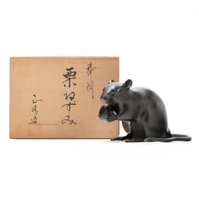 A Japanese Bronze Mouse Okimono with Inscribed Box