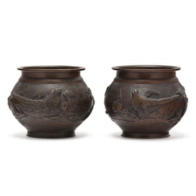 A Pair of Japanese Bronze Jars with Birds
