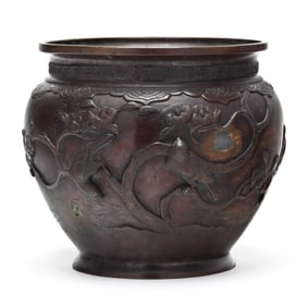 A Japanese Bronze Jardiniere with Birds and Flowers